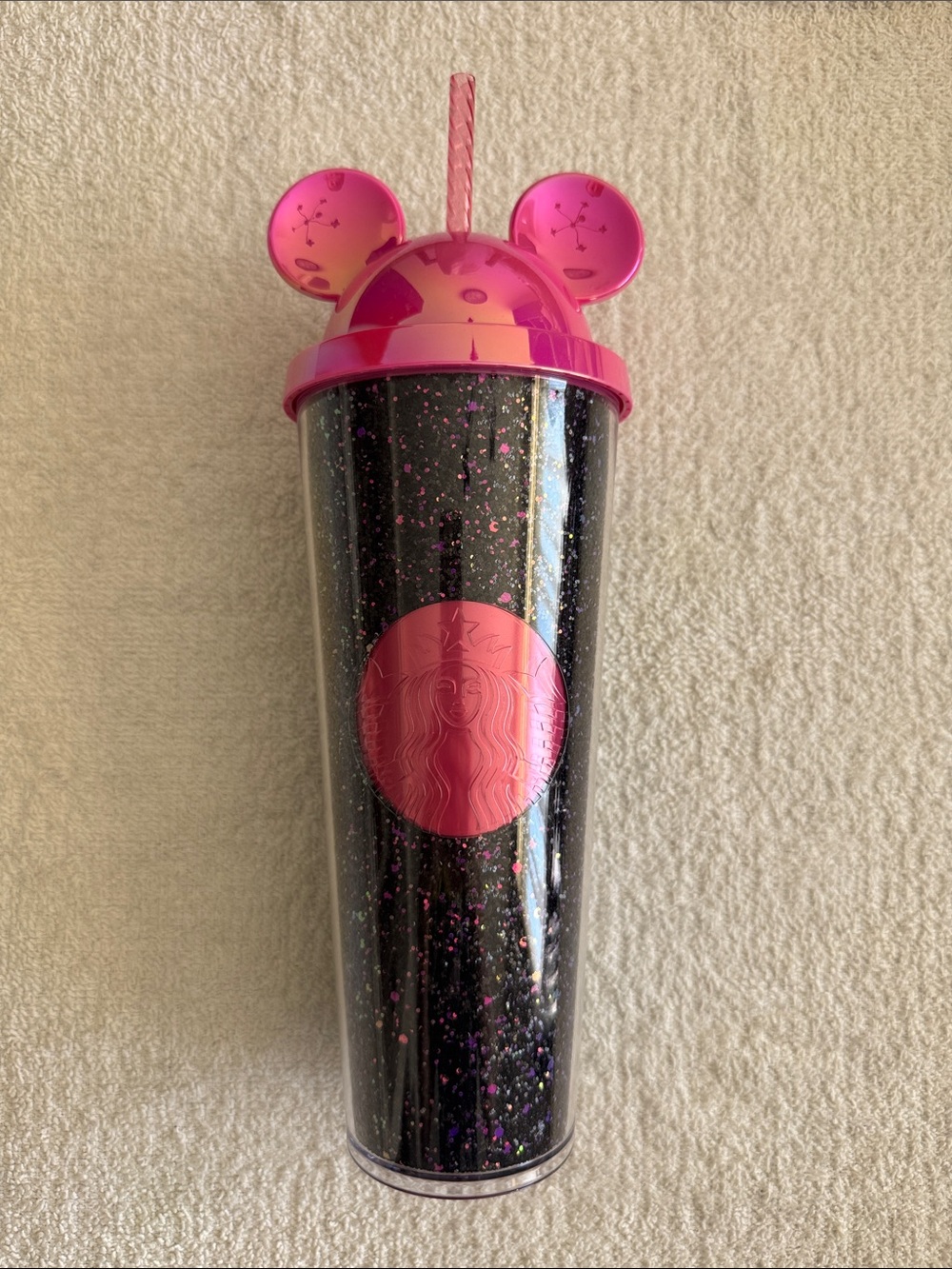 Starbucks Disneyland 70 Black Glitter Tumbler with Pink Mickey Ear Lid and Straw